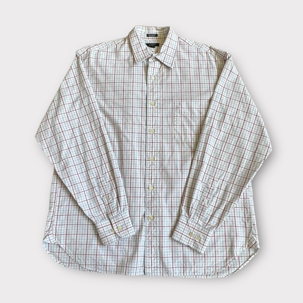 J. Crew Dress Button Shirt 2-Ply 100% Cotton White Red Blue Men Size Large